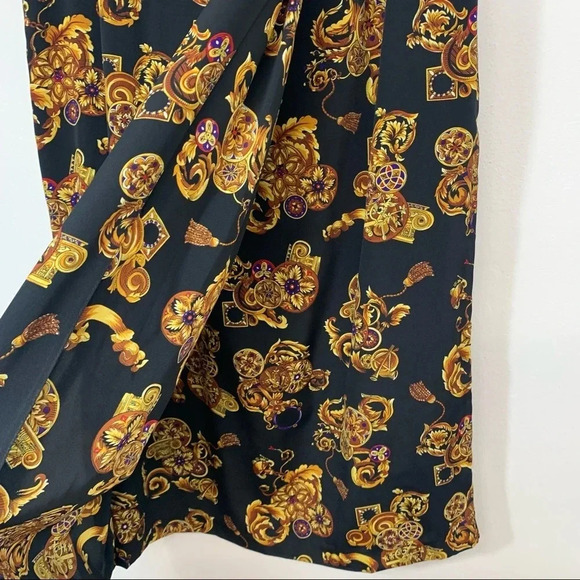 CK Midi Skirt 12 Faux Wrap Black Gold Floral Print Classic Whimsy Goth Office// - Picture 4 of 11